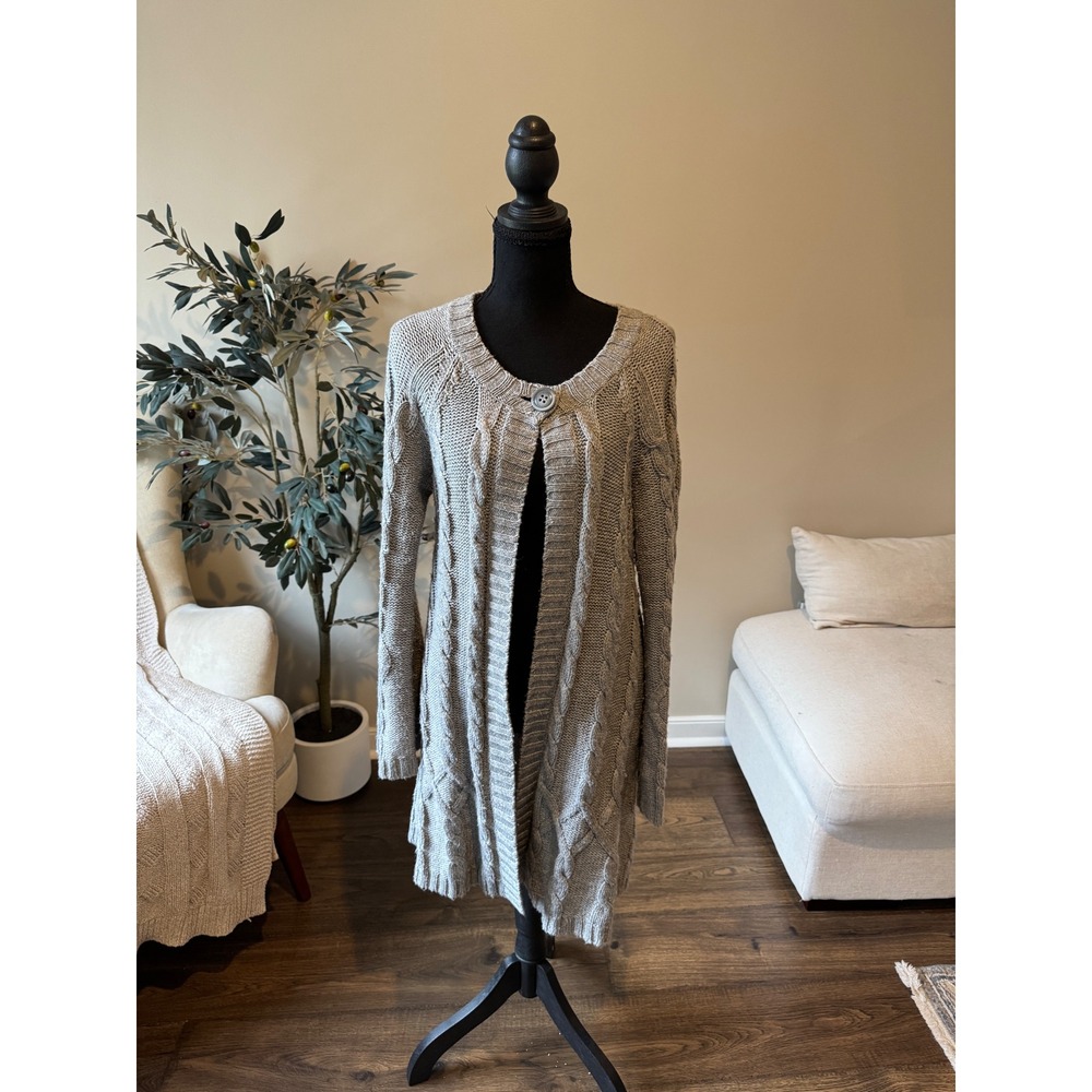 Hannah Gray Cable Knit Wool Blend Single Button Longline Cardigan Sweater Medium